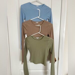 Set of 3 Garage Long Sleeve Tops - Blue, Tan, and Green